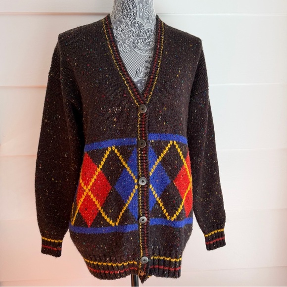 Vintage 80s Cardigan Sweater Argyle Print LizWear Sweater - Picture 3 of 5